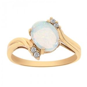 0.90 Carat Oval Opal and Round Cut Diamonds Ring